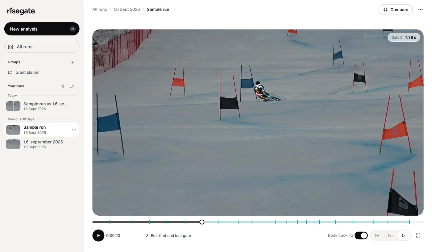 Risegate showing a giant slalom run: the video with the skier's skeleton, a gate readout and a tick for every gate on the timeline.
