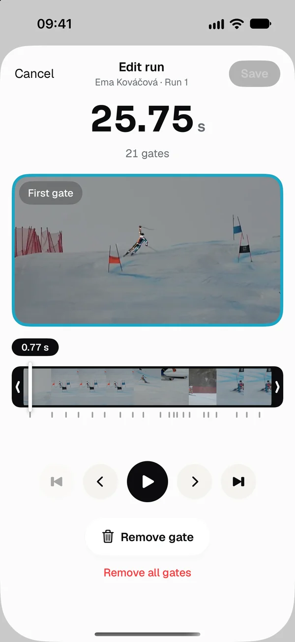 Editing a run: the video on the first gate, a strip of the run with a tick for every gate, and Remove gate.